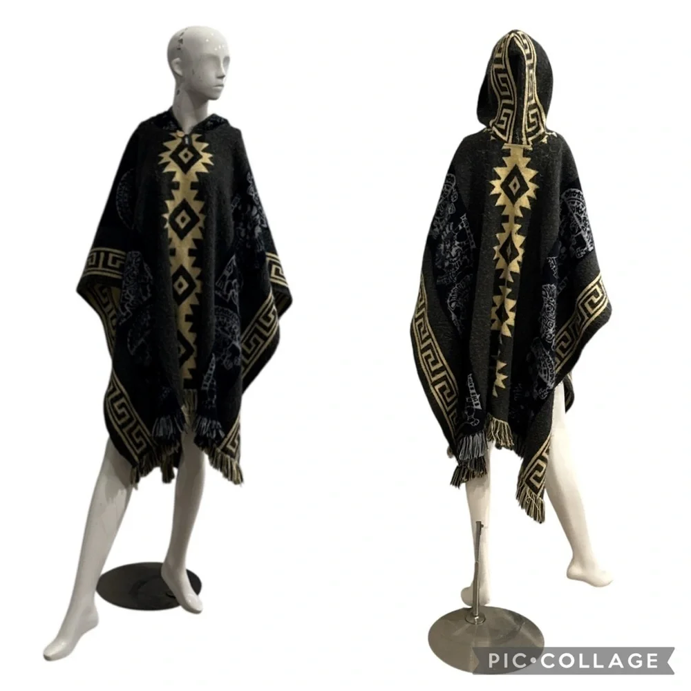 Unisex Andean Aztec Alpaca Blend Hooded Charcoal Multi Fringed Poncho Size OS